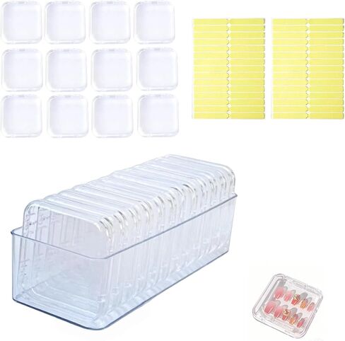 12pcs 3.4in اضغط على تخزين الأظافر ، و 60pcs ترقية شريط لاصق مزدوج الجوانب ، و 1pc مربع تخزين كبير ، لعرض الأظافر ، حالة الظفر منظم الأظافر الخاطئة in Kuwait