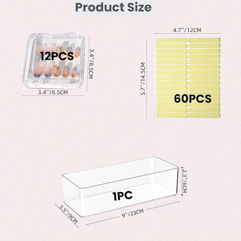 12pcs 3.4in اضغط على تخزين الأظافر ، و 60pcs ترقية شريط لاصق مزدوج الجوانب ، و 1pc مربع تخزين كبير ، لعرض الأظافر ، حالة الظفر منظم الأظافر الخاطئة in Kuwait