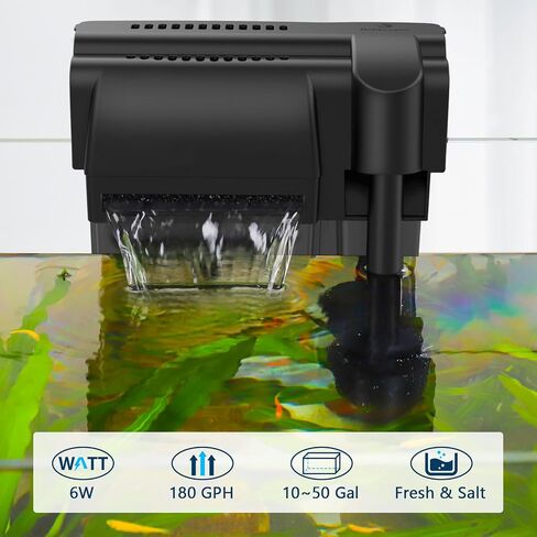 6W 180GPH Ultra-Quiet Hang On Back Aquarium Filter, <28dB Whisper 4-Stage Biochemical Fish Tank Filter with Waterfall Oxygenation for 10-50Gal Fresh/Saltwater Tanks, w/Two Free Cartridges in Saudi Arabia