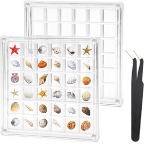 2 Pcs Acrylic Magnetic Seashell Display Box,36 Grids Clear Small Sea Shell Collection Case,Mini Seashells Rock Diamond Beads Thimble Storage,Transparent Collecting Tools for Sea Beach Travel