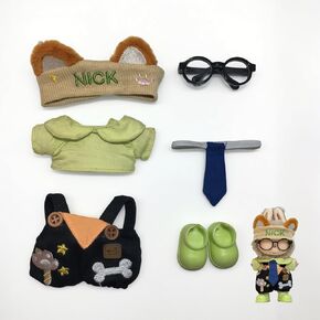 Doll Clothes for 15-17cm Doll(6PCS), Complete Fox Overall Set with Shirt, Headband, Glasses, Tie&Shoes, Adorable Clothing Bundle, Ready-to-wear Stylish Outfit for Labubu (Doll NOT Included)