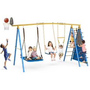 Multifunctional Swing Sets for Backyard, 7 in 1 660LB Heavy Duty Outdoor Playset with Climbing Rocks Plat Belt Swing, Basketball Hoop and Trapeze Bar, Playground Swingset Outdoor for Kids, Blue