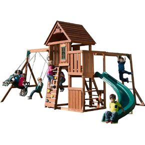 Swing-N-Slide PB 8272 Cedar Brook Wooden Swing Set Play Set with Two Swings, Slide, Monkey Bars, Picnic Table & Glider, Green