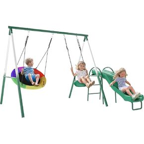 Qaba Swing Set for Backyard with Adjustable Seat and Saucer Swing, 5' Slide, Heavy Duty A-Frame Metal Stand Outdoor Playground Playset for Kids