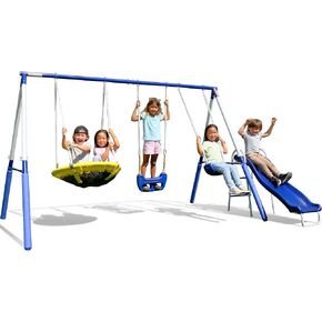 Sportspower Fairbrook Metal Swing Set: 2-Person Saucer Swing, Standing Swing, Blow-Molded Swing, and 5' Slide