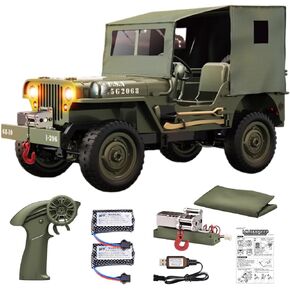 RC Military Truck Rock Crawler, 1:10 4WD Off-Road Remote Control Military Jeep with Winch, Canvas & 2 Batteries, 2.4G All Terrain Army Climbing Vehicle with LED Lights, for Kids Adult