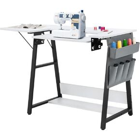MELLCOM Folding Multipurpose Sewing Table, Hobby and Sewing Machine Table with Adjustable Shelf and Side Pocket- Can Also Be Used as Computer Desk, White