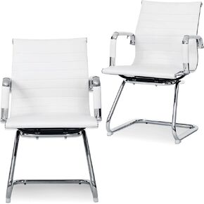 Athena Collection Desk Chairs No Wheels Set of 2, PU Leather Office Guest Chairs with Sled Base Armrest, Side Reception Armchairs for Conference Waiting Room, Black