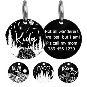 MYXGY Pet ID Tags, Customized Dog Name Tags, Personalized Cat Tags, Round Black Custom Stainless Steel, Engraved on Both Sides for Pets, White Laser Engraving Dog Collar Tag (Round)