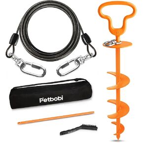 Petbobi Dog Tie-Out Cable and Stake - Heavy Duty Anti Rust Spiral Stakes, 20ft Steel Wire Run Cable, No Tangle Leash, 360° Swivel Hooks, Dog Runner for Yard Camping, Medium Large Breeds Up to 300lbs