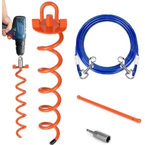 Dog Tie Out Stake, Heavy Duty 180° Flip Folding Ring Spiral Spike Auger Ground Stake Anchors with Dog Outside Lead Cable Leash, Power Nut Drill Bit, Iron Rods Wrench, for Yard Camping Beach, Orange