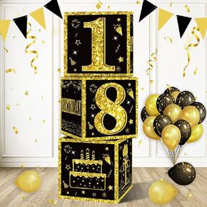 3pcs 80th Birthday Decorations Boxes for Men Women, Black Gold Happy 80 Birthday Balloons Boxes Party Supplies, 80 Year Old Bday Theme Cardboard Box Decor