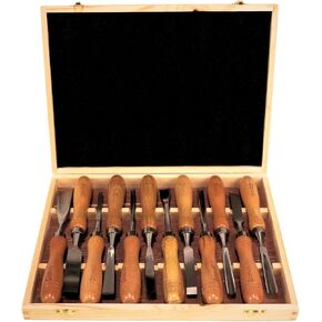 12-Pieces Wood Carving Tools Set – Professional Chisel and Gouge Kit with CRV-60 Steel Blades and Wooden Handles in a Wooden Storage Case
