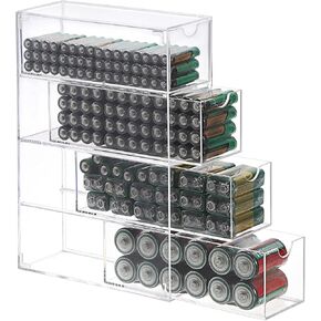 BTSKY 1 Pack Clear Acrylic Battery Storage Organizer for AA, AAA, 9V, C Batteries, 4-Drawer Storage Box Battery Holder Organizer for Common Types Batteries, Household Container(Batteries Not Included)