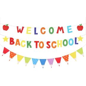 25 PCS Welcome Back to School Banner - Happy 9.78 Feet Pennant Sign Reusable Classroom Decoration with Vibrant Colors & Durable Material for First Day Kindergarten Preschool Party