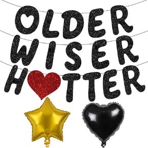 Older Wiser Hotter Pre-Strung Glitter Happy Birthday Banner Decorations - 30th 40th 50th 60th 70th 80th Birthday Decorations Gifts for Women Men, Happy Birthday Sign Party Balloons