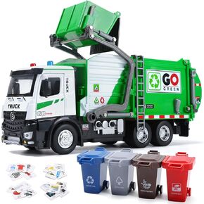 HOLYFUN 12'' Electric Garbage Truck Set with Front Loader/Metal Cab, Friction-Powered Recycling Vehicle with Dumpster, 4 Trash Bins & Sorting Cards, Trash Truck Toy with Lights/Sounds for Kids