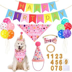 Dog Birthday Party Supplies Dog Birthday Decorations Girls, Pink Puupy Birthday Bandana Hat Bowtie Numbers Polka Dot Balloon Happy Birthday Sign Banner for Small Medium Large Dogs