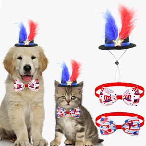 Red-White-Blue Feathers Pet Hat 2 Pcs Independence Day Dog Bow Ties Dog Hat 4th of July Feather Cat Cap Adjustable Pet Bow Ties Pet Accessories Dress up for Most Pets Patriotic Memorial Day