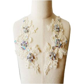 Handmade Rhinestones on Lace Applique Trim Sewing Beads Sequins Trim Patches for Wedding Dress Accessories 1Pair/Bag (Mint Green)