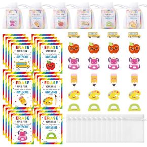ANGOLIO Back to School Mini Erasers Set - 24 Packs Cute Inspirational 3D Pencil Erasers Bulk Cards Organza Bags for Kids Classroom Rewards, Kindergarten Reward Student Gift Writing Correction Supplies