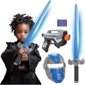 SANCO Light Up Saber Sets for Kids - Blue Light Swords, Toy Gun & Mask with FX Sound(Motion Sensitive), Glow in The Dark Toys, Halloween Party Cosplay Accessories, Birthday Gifts for Boys & Girls
