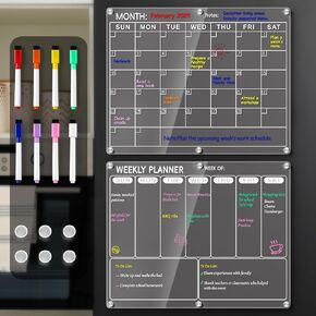 Magnetic Acrylic Calendar for Fridge, 2 Pack Clear Dry Erase Board for Refrigerator, Monthly Planner and Weekly Planner with 8 Colorful Markers, Meal Planner Menu Board for Fridge -14.5''*11.5‘’