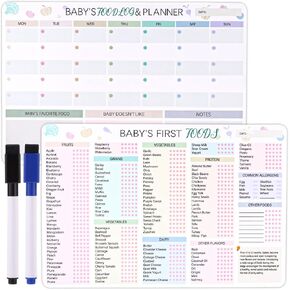 Baby First Foods Tracker Fridge Magnet, Baby Weaning Chart,11.8x7.9in 2pcs Magnetic Baby Food Checklist & Daily Food Log Meal Planner Dry Erase Baby’s Foods List Poster for New Parents Babysitter