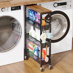 Utility Slim Storage Cart, 4-Tier Narrow Bathroom Organizer and Storage Cart, Metal Narrow Kitchen Laundry Room Organization Rack with Wood Top, Slim Rolling Shelf with Wheels for Small Space