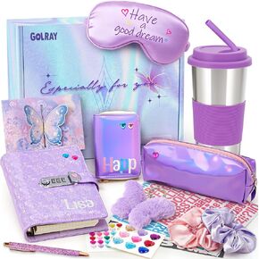Golray Diary with Lock for Girls Teen Birthday Gifts for 8 9 10 11 12 Year Old, Purple Password Notebook and Pen/Mug/Pen Case, Christmas Graduation Gift Kids Toys Scrapbooks DIY Journal Set Art Crafts Kit
