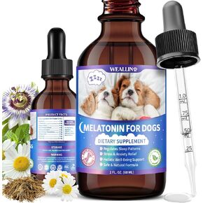 الميلاتونين للكلاب مع L-theanine و Chamomile | القلق الإغاثة والتهدئة والاسترخاء ودعم النوم الكلب السائل الكلب الميلاتونين | نكهة امتصاص سريع ولحم الخنزير المقدد | 2oz (60 مل) ملحق تهدئة الكلاب