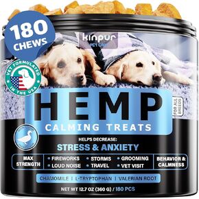Kinpur Pet Care Relaxing Dog Calming Chews with Hemp Oil, Valerian Root, and Vitamin B - Natural Stress and Anxiety Relief for Dogs - 180 Beef-Flavored Calming Treats for All Breeds