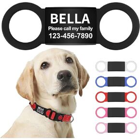 LaReine Silent Slide On Pet ID Tags, Personalized Laser Engraved on Collar, Colored Elastic Silicone Band and S/M/L/XL Black Stainless Steel Cat Dog Name Plate (Black, Medium)