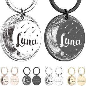 Moon Dog Tags Personalized for Pets Classic Stainless Steel Pet ID Tags Customized Dog Name Tag for Dog Collar with Name Plate for Small Large Dogs Cats with 4 Lines of Customizable Text