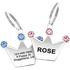 Custom Crystals Crown Pet ID Collar Tag, Personalized Stainless Steel Cute Shiny Bling Sparkly Safety Lost Charm Boy & Girl Dogs Puppies Cats & Ring Engraved SOS customizable with Name, Phone, Address