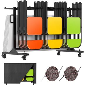 Albott Folding Chair Rack 24 Tables or 84 Chairs Storage 1100 LBS Capacity Heavy-Duty Folding Chair Cart with Wheels, 2 Elastic Cords, Cover, Glossy Black