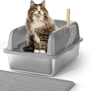 XL Stainless Steel Cat Litter Box with Lid, Cat Metal Litter Box with High Sides, 24" L x 16" W x 12" H, Extra Large Enclosed Litter Pan, 1PC (Non-Sticky, Easy to Clean, Anti-Urine Leakage)