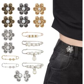 14 Set Pant Waist Tightener Flower Buttons Pins for Loose Jeans Waist Cincher Clip Reusable Metal Pearl Brooch for Clothing Dresses Skirts No Sew and No Tools Decoration Accessories