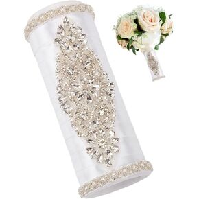 BENECREAT Bouquet Holder, 2 Inch Champagne Royal Satin Wedding Bridal Bouquet Handle Set with Rhinestones, Fresh Flower Artificial Flower Bouquet Holder, Cylinder Bouquet Decor