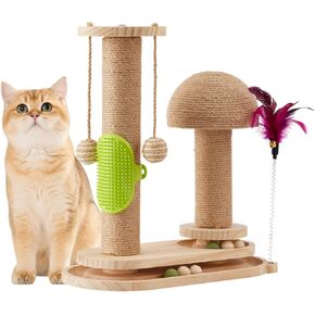Cat Scratching Post, 2-Tier Modern Sisal Cat Scratcher with Wooden Ball Track, Dangling Balls, Spring Feather Teaser, and Detachable Grooming Brush - Interactive Kitten Toys for Indoor Cats