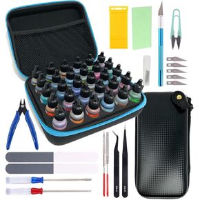 Pixiss Model Paint Storage Case - Acrylic Paint Organizer Holder Tray Works with Round Top Hobby Paint Brands - Pixiss Model Accessory Kit for Gundam Model Assemble Building - Miniature Paint Organizer Case