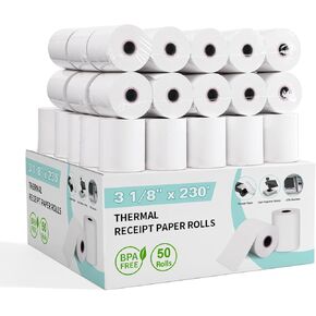 3 1/8 x 230 Thermal Receipt Paper 50 Rolls Printer Paper 55 GSM - Compatible with ALL POS Systems, Cash Registers, Thermal Receipt Rolls