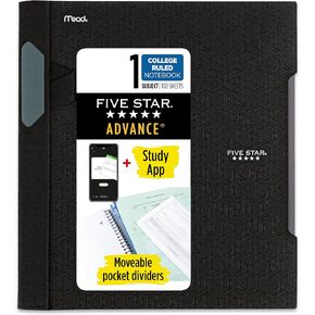 Five Star Advance Spiral Notebook + Study App, 1 Subject, College Ruled Paper, 8-1/2" x 11", 100 Sheets, Spiral Guard, Movable Tabbed Dividers, Black (820012A-ECM)