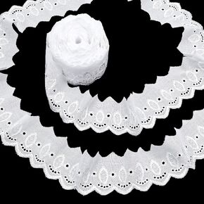 15 Yards Cotton Lace Trim, White Eyelet Lace Ribbon Wavy Edge Floral Embroidery Ruffle Laces Trim for Sewing Dress Clothes Bag Dolls Pets Clothes