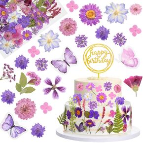 92 Pcs Dried Pressed Flowers for Cake Topper Butterfly Cake Decorations Happy Birthday Acrylic Signboard Toppers with Dried Flowers Leaves for Birthday Wedding Baby Shower Girls Party(Multicolor)
