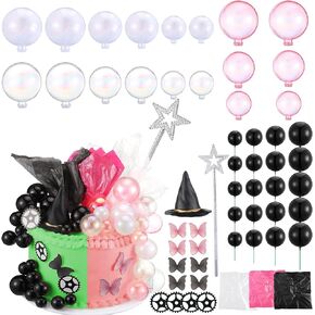 73 Pcs Witch Theme Party Supplies Witch Hat Cake Toppers Star Wand Colorful Balls Butterfly Cupcake Toppers Gears Decorative Paper Cake Decors for Princess Birthday Pink and Green Party Decor