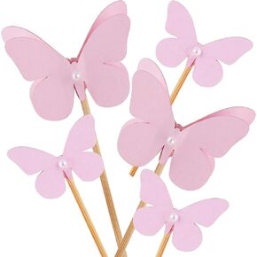 Butterfly Cake Decorations Pink 3D, Birthday Cake Toppers for Girls, Cupcake Toppers Pearl Details, Baby Shower Party Decorations, 5 pcs