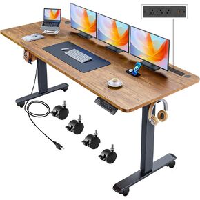 Electric Standing Desk with Wheels, 63'' x 24'' Standing Desk Adjustable Height with Charging Station, 2 USB Ports, 3 Power Outlets, 4 Caster, 27''-46'' Lifting Range Stand up Desk(Brown)