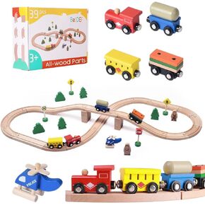 Wooden Train Set,39 Pcs-with All-Wood Train Tracks with Double Sided Wooden Tracks and Color Box for 3+ Year Old Boys and Girls Toddler-Fits Thomas Brio Melissa and Doug… (39PC)