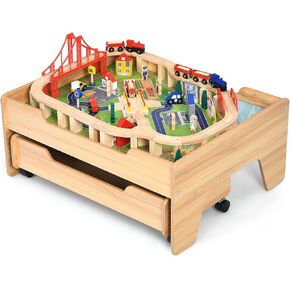 Costzon Train Table with 100 Multicolor Pieces, Wooden Kids Activity Table with Large Rolling Storage Drawer, Tracks, Cars, DIY Design, Train Set Table for Toddlers 3+, Gift for Boys Girls